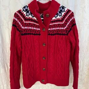 Lands End Woman’s Long Sleeve High Neck Fair Isle Cable Knit Cardigan Red Size S